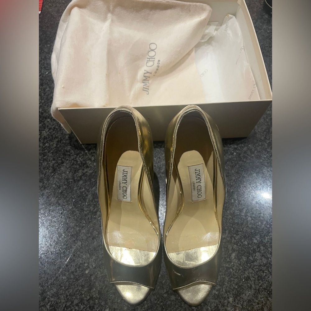 Gold Jimmy Choo platform shoes - pre-loved but good condition